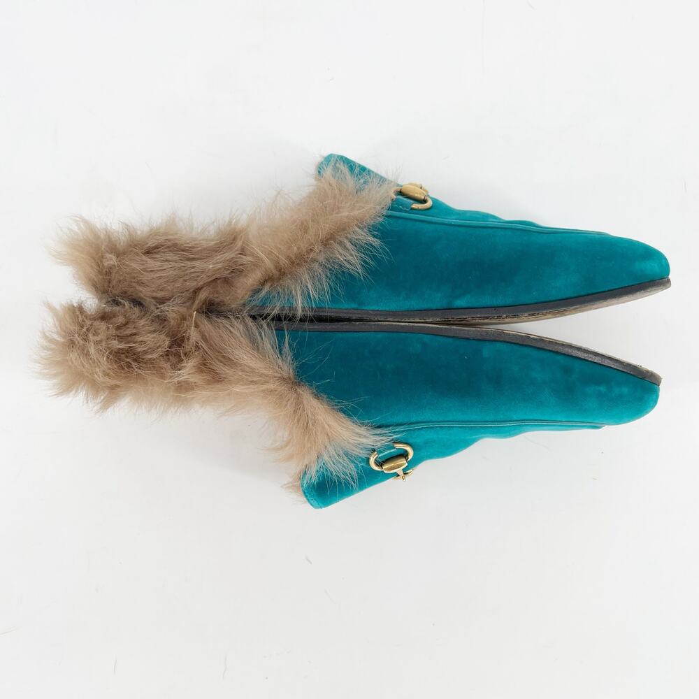 Gucci Teal Velvet Fur Lined Princetown Horsebit Mule Slipper Flats EU 37 - Picture 3 of 9